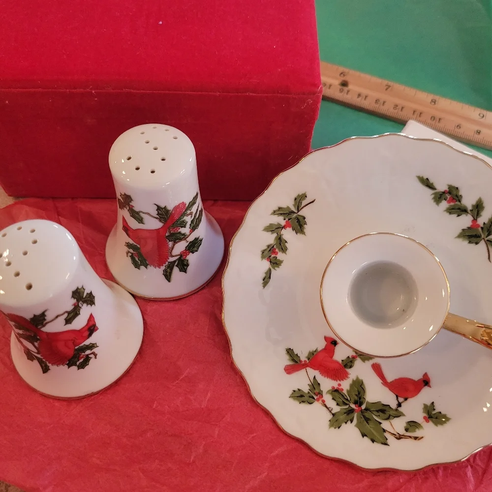 Vintage Lefton Salt & Pepper Shakers & Candle Holder ~ Christmas Cardinal Motif